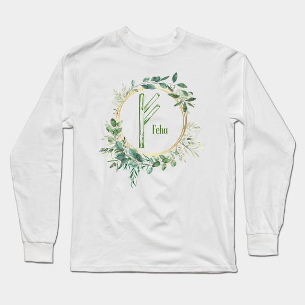 Fehu Rune Nordic Futhark Flower Wreath Runic Long Sleeve T-Shirt by Witchy Ways